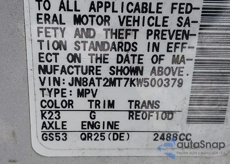 2019 Nissan Rogue Sv z USA, uszkodzony, nr VIN JN8AT2MT7KW500379